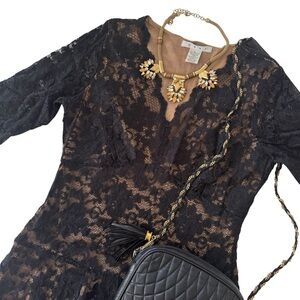 CAbi Black Lace Fit & Flare Scalloped V-Neck Midi Dress